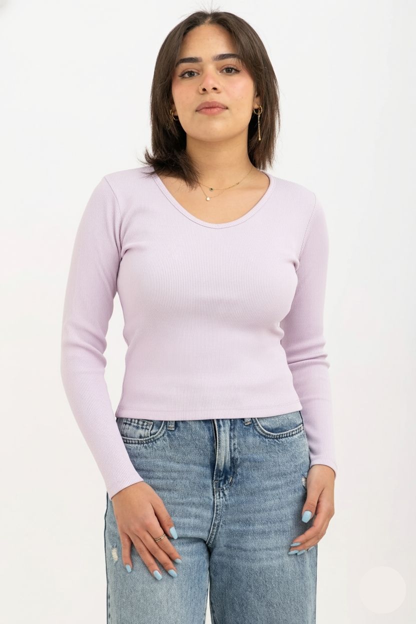 Ribbed Long Sleeve V-Neck Top Lavender