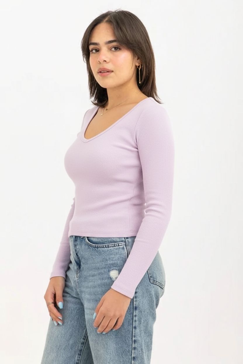 Ribbed Long Sleeve V-Neck Top Lavender