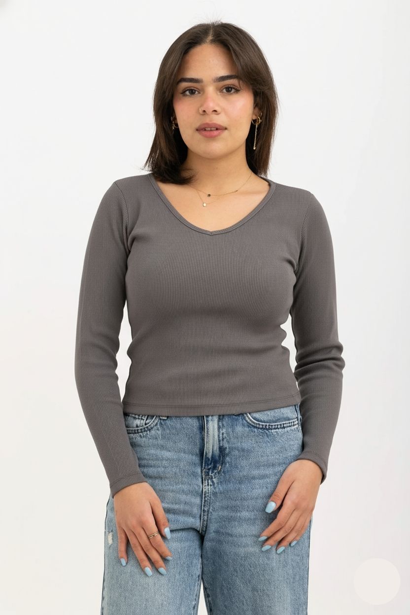 Ribbed Long Sleeve V-Neck Top Dark Grey