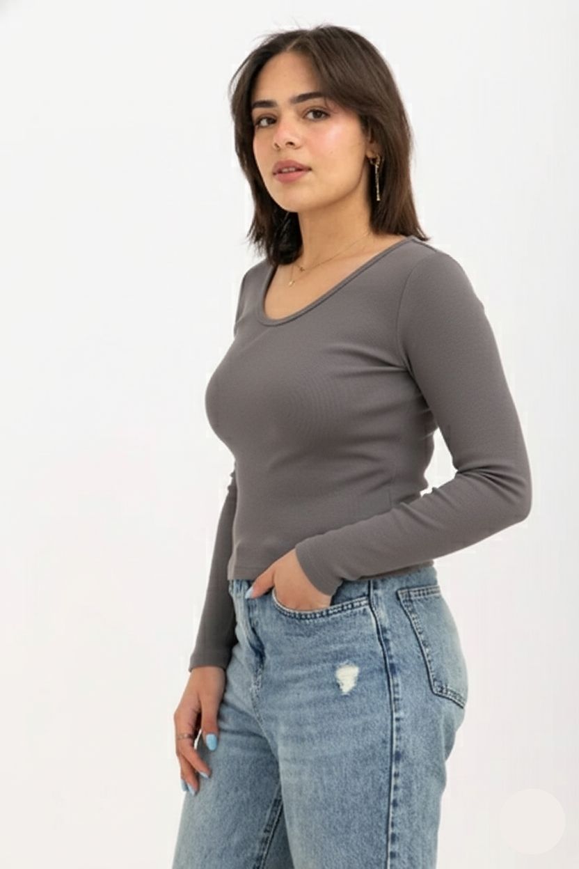 Ribbed Long Sleeve V-Neck Top Dark Grey