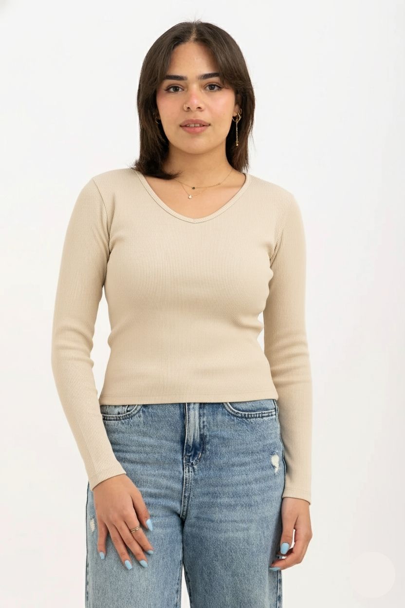 Ribbed Long Sleeve V-Neck Top Beige