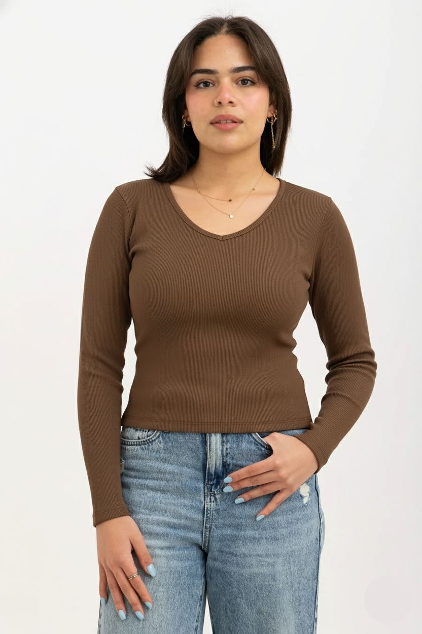 Ribbed Long Sleeve V-Neck Top Brown
