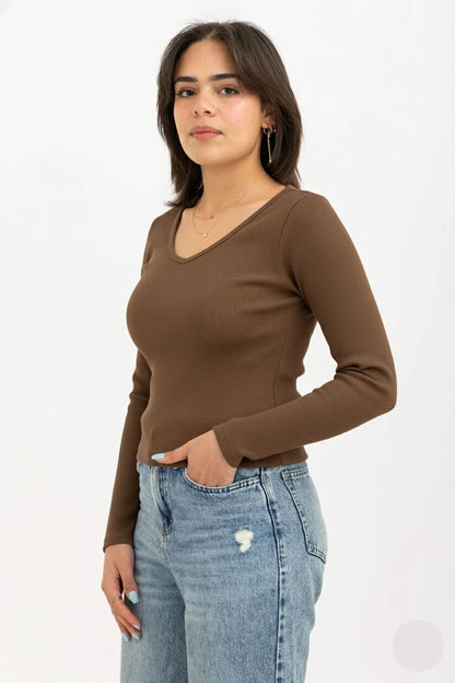 Ribbed Long Sleeve V-Neck Top Brown