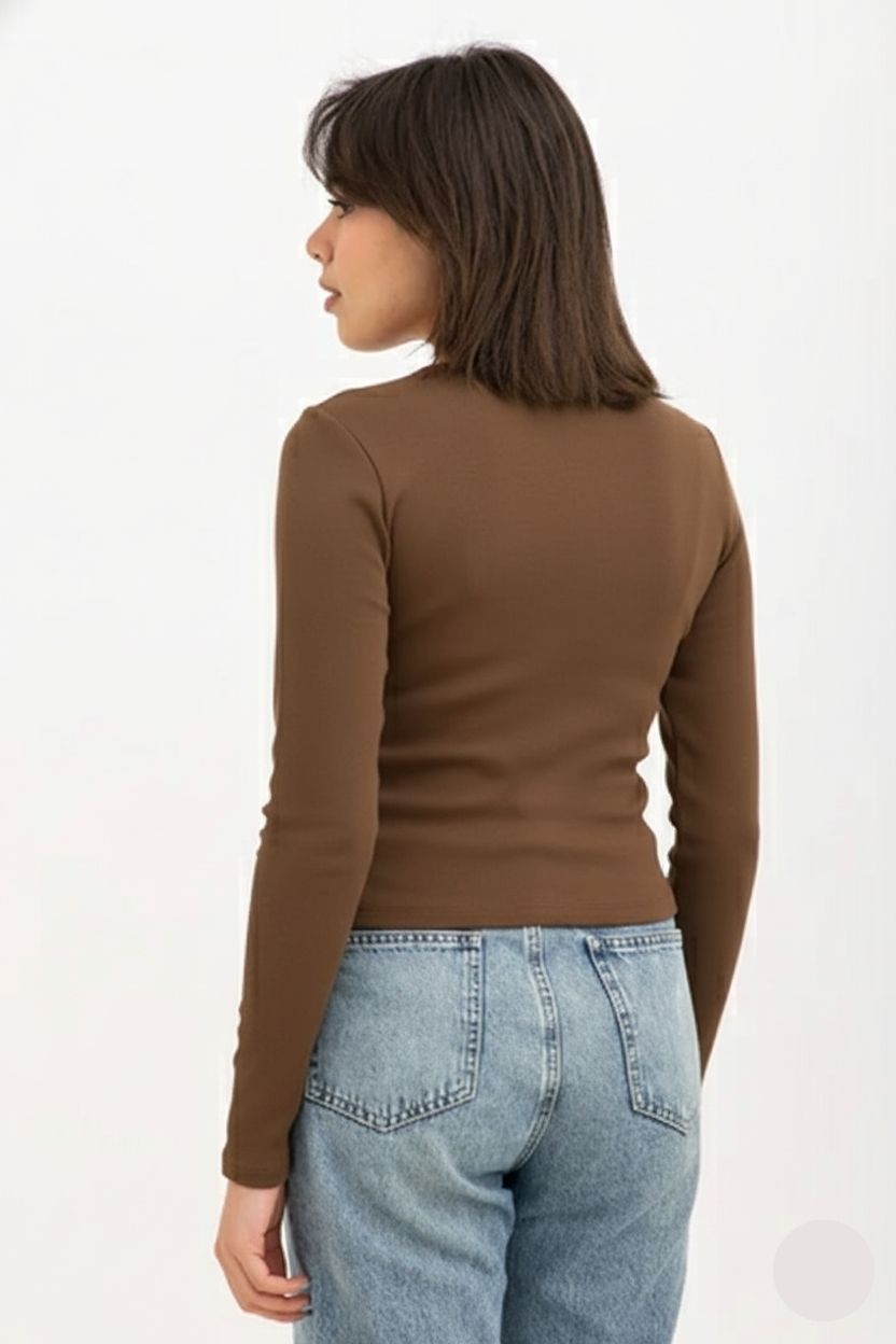 Ribbed Long Sleeve V-Neck Top Brown