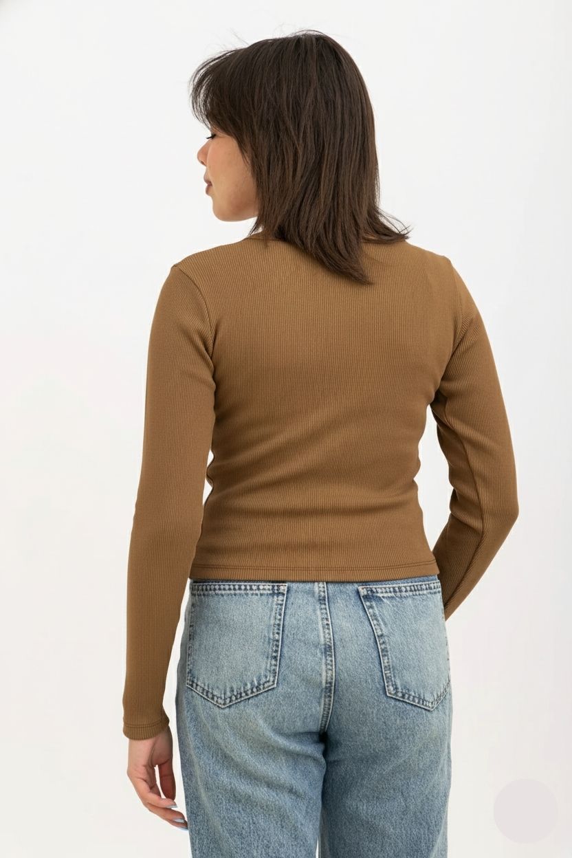 Ribbed Wide Neck Long Sleeve Top Brown