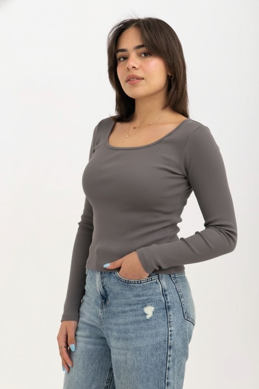 Ribbed Wide Neck Long Sleeve Top Dark Grey