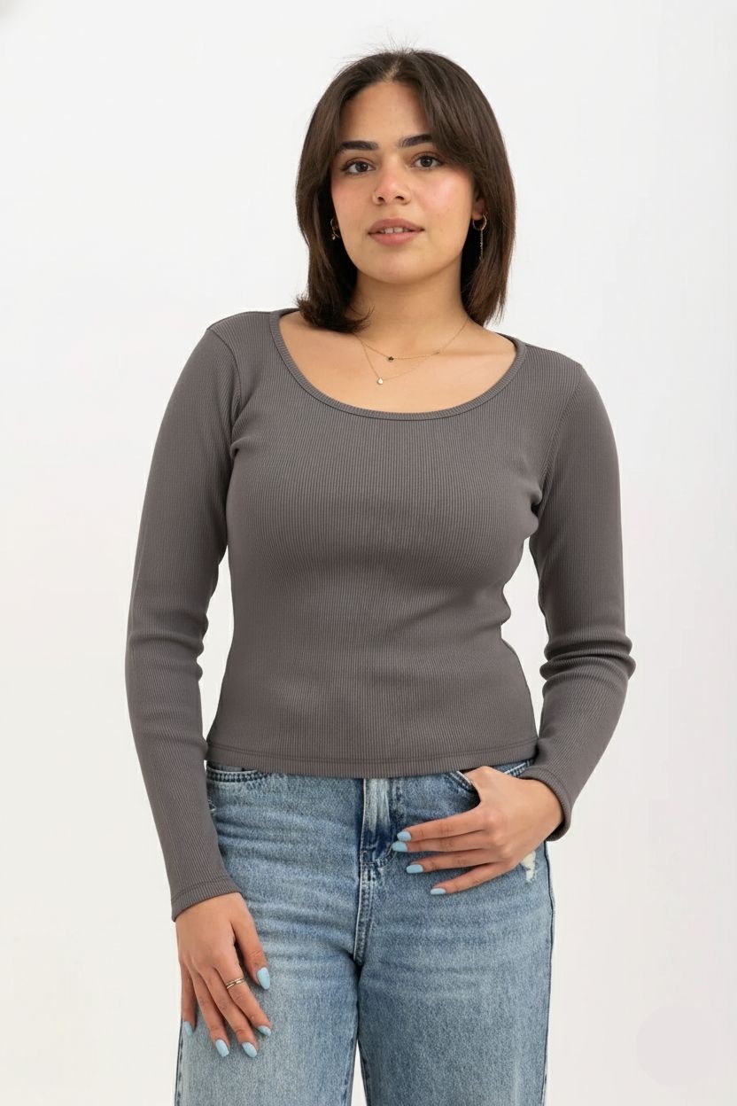 Ribbed Wide Neck Long Sleeve Top Dark Grey