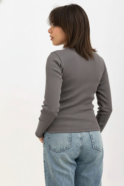 Ribbed Wide Neck Long Sleeve Top Dark Grey