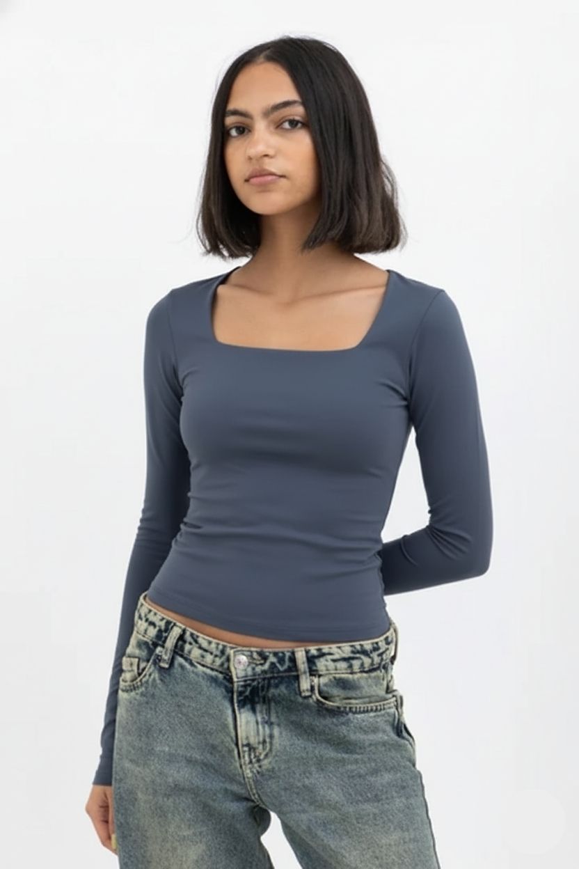 Dark Grey Square Neck Baby Tee Long Sleeve