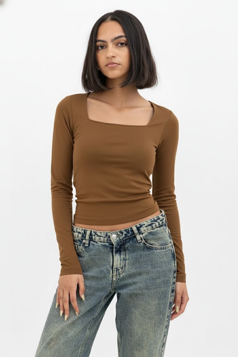 Brown Square Neck Long Sleeve Baby Tee
