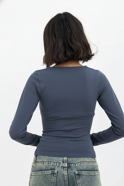 Dark Grey Square Neck Long Sleeve Baby Tee
