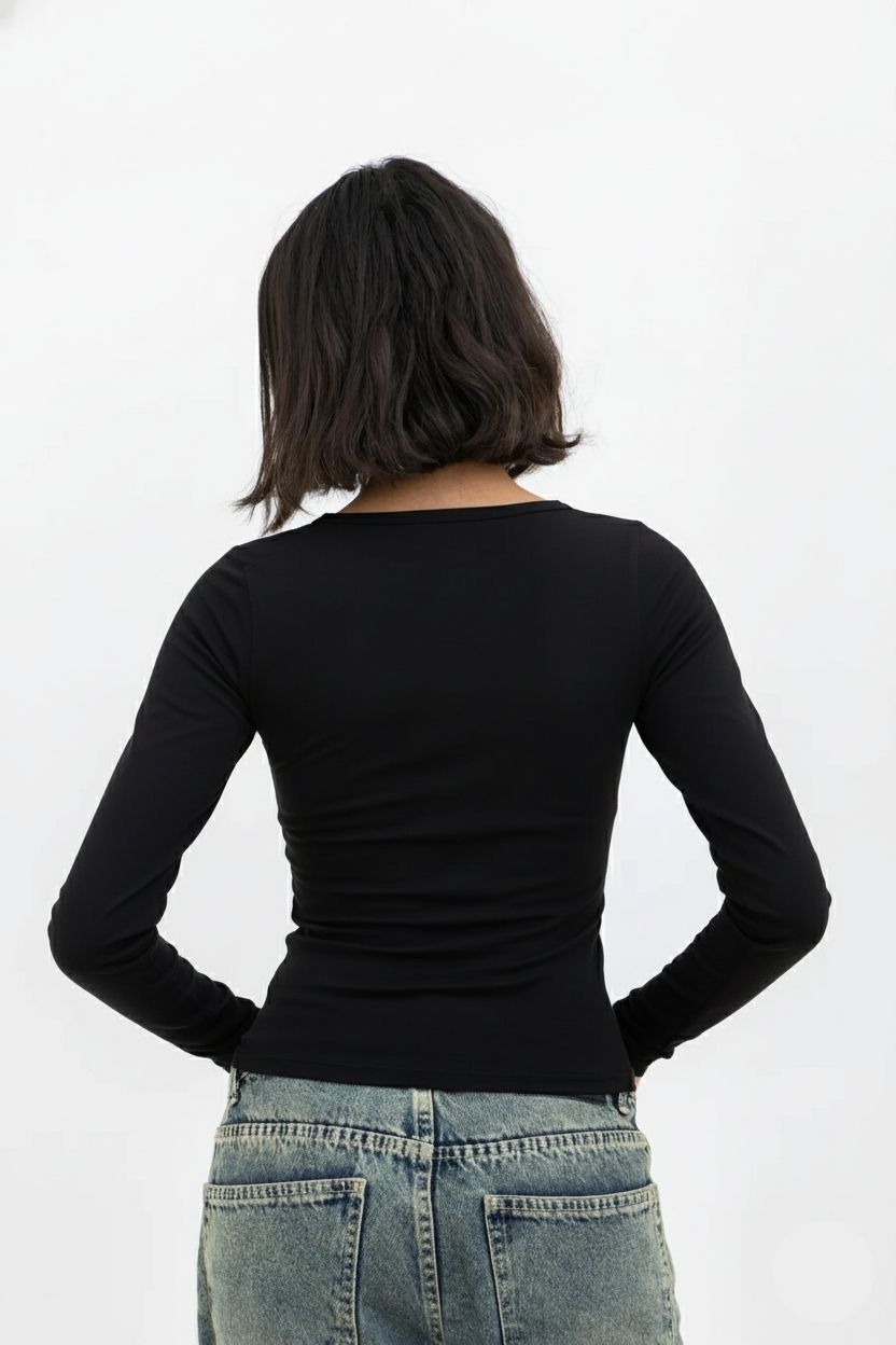 Black Square Neck Long Sleeve Baby Tee