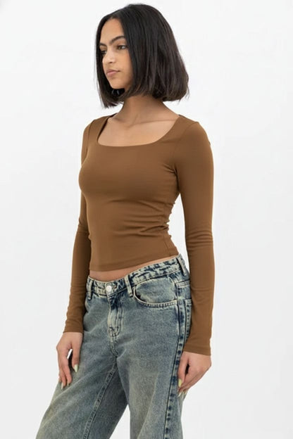 Brown Square Neck Long Sleeve Baby Tee