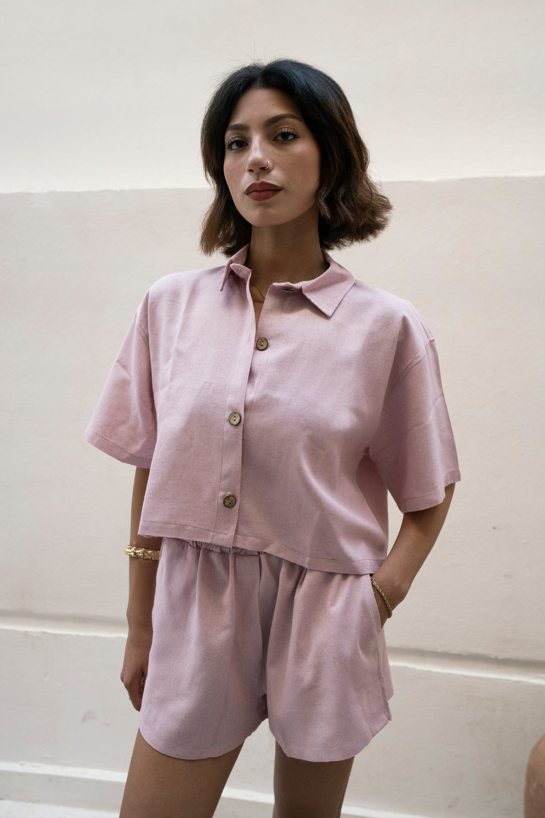 Linen Dusty Pink Crop Shirt