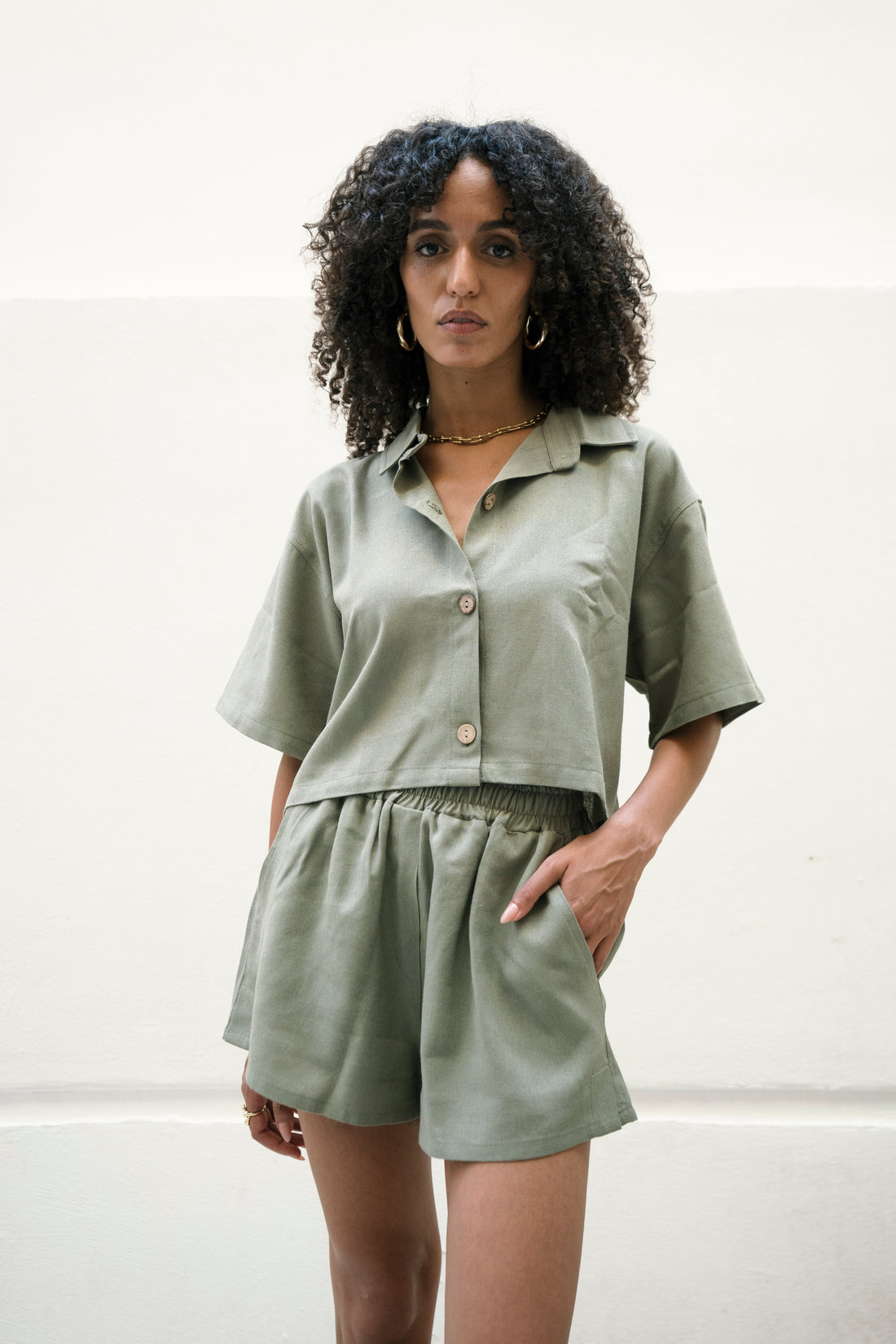 Linen Olive Crop Shirt