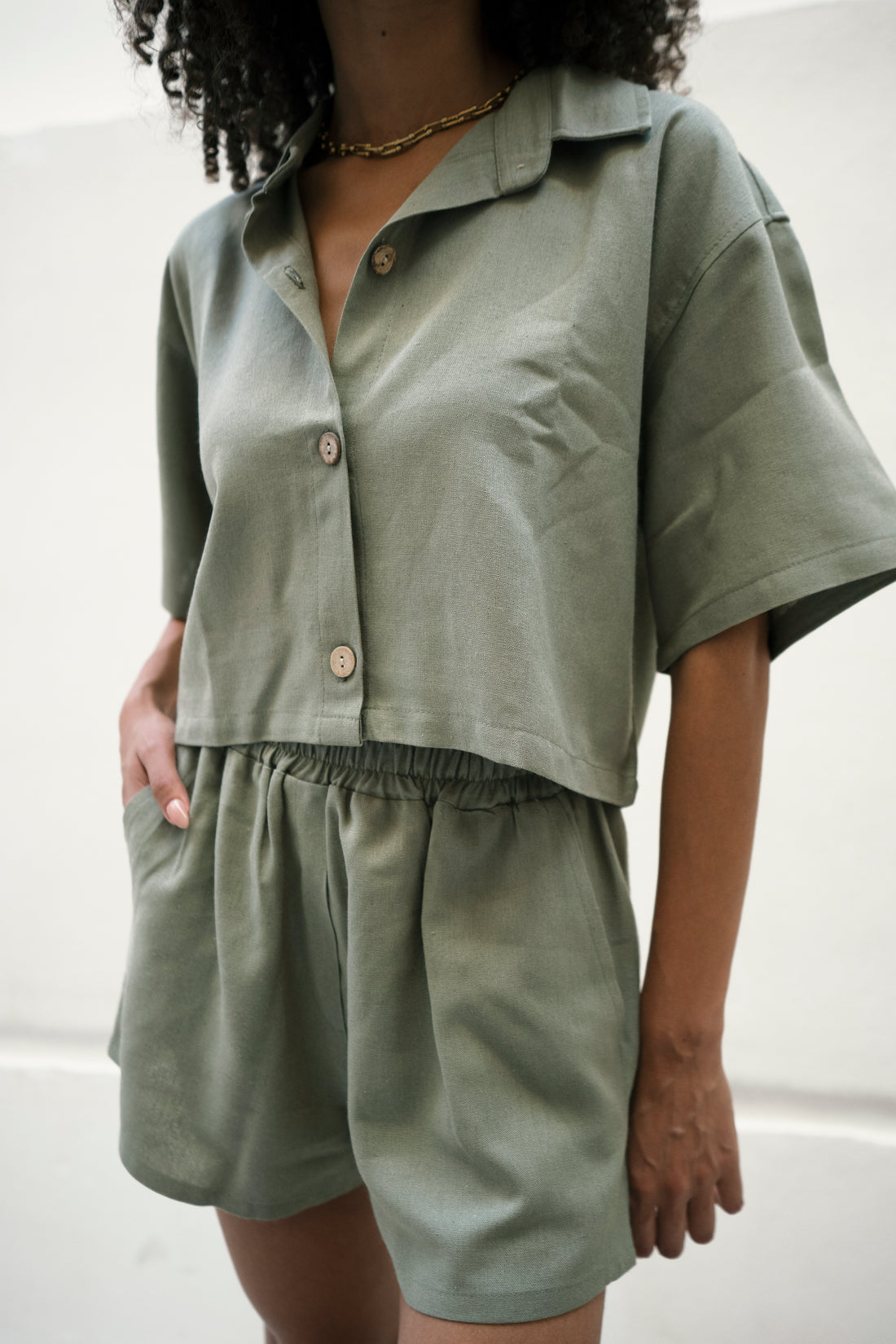 Linen Olive Crop Shirt