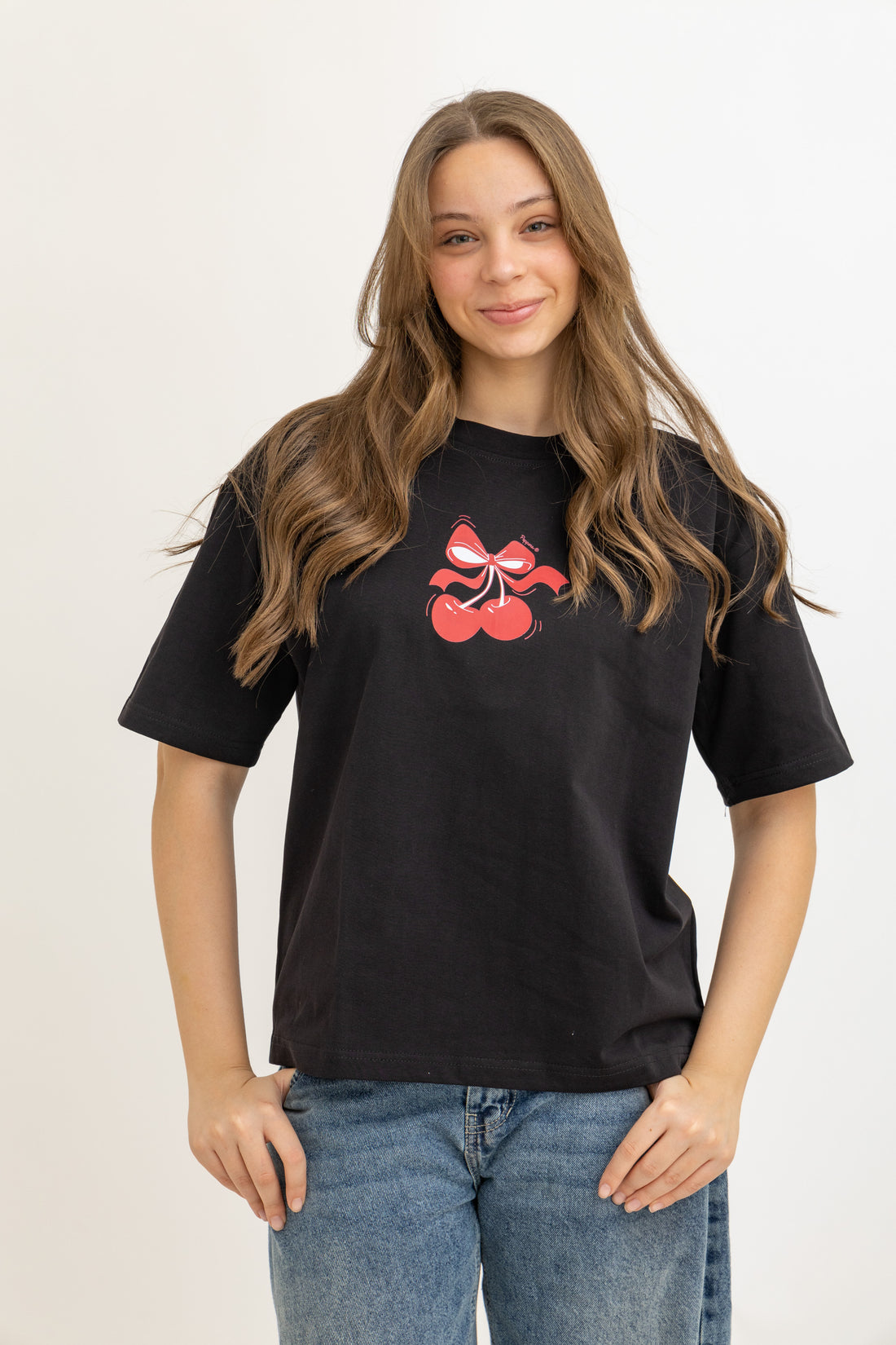 Cherry Black Oversized Crew Neck T-Shirt