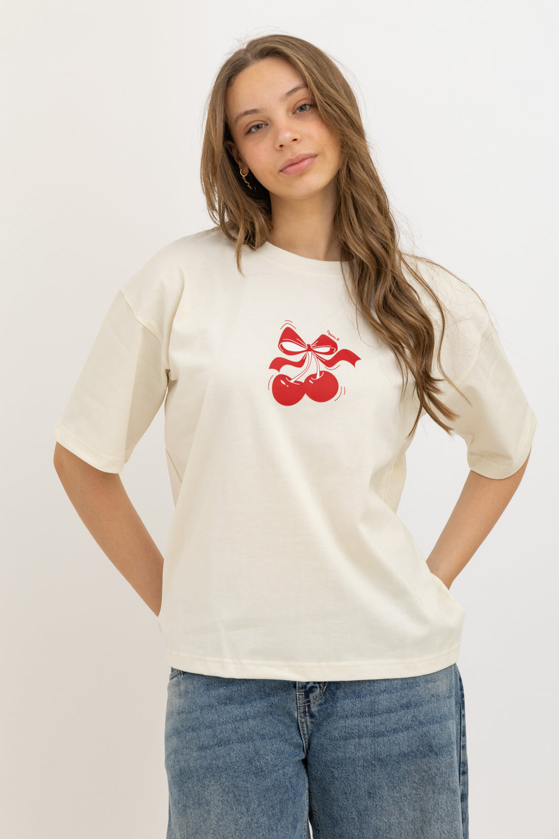 Cherry White Oversized Crew Neck T-Shirt