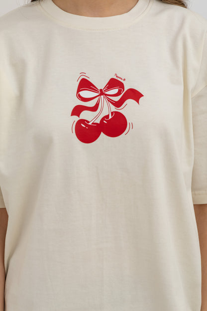 Cherry White Oversized Crew Neck T-Shirt