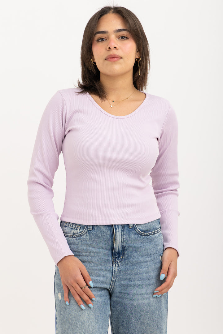 Ribbed Long Sleeve V-Neck Top Lavender