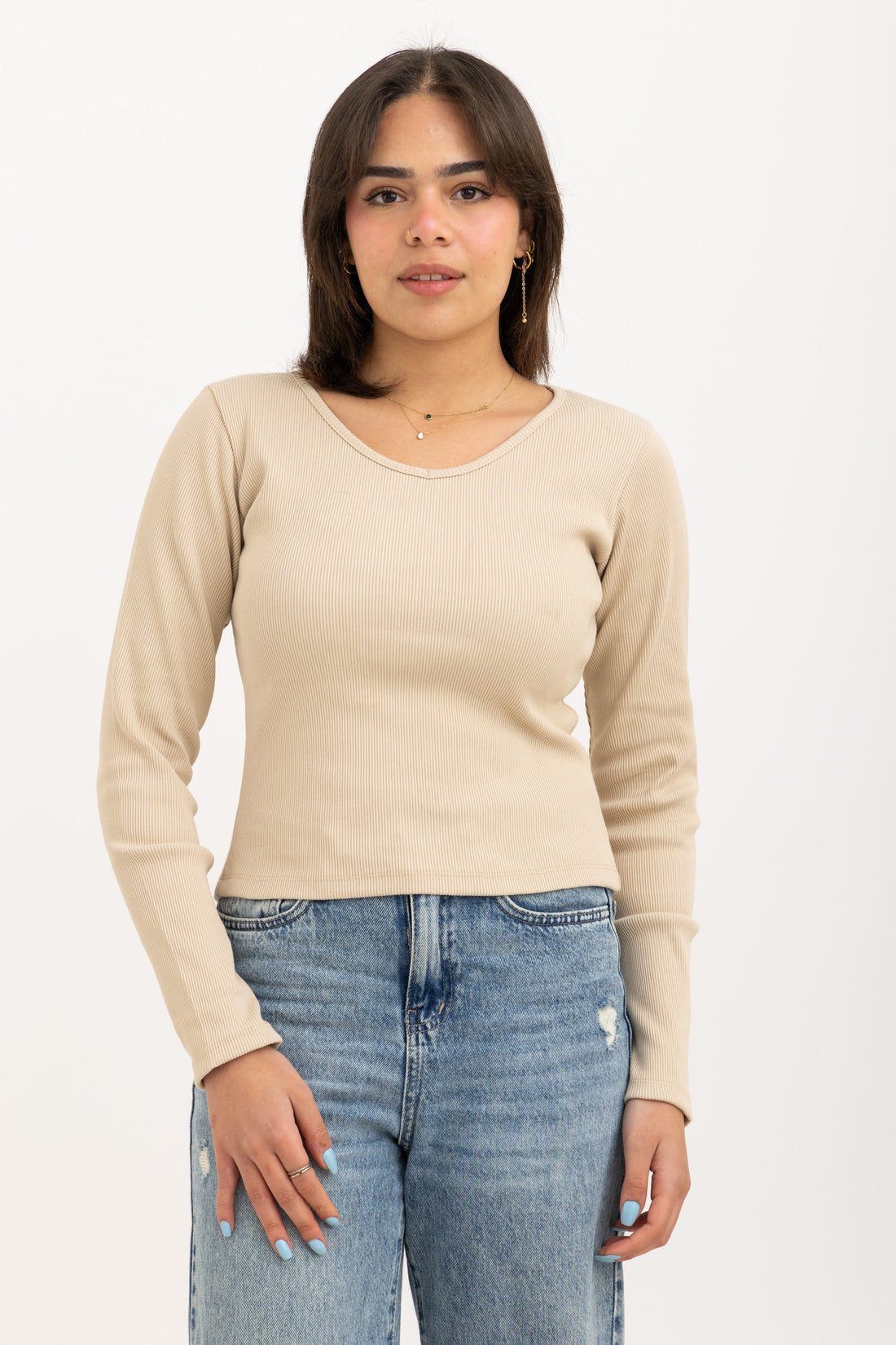 Ribbed Long Sleeve V-Neck Top Beige