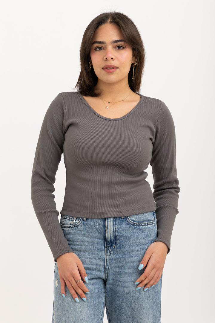 Ribbed Long Sleeve V-Neck Top Dark Grey