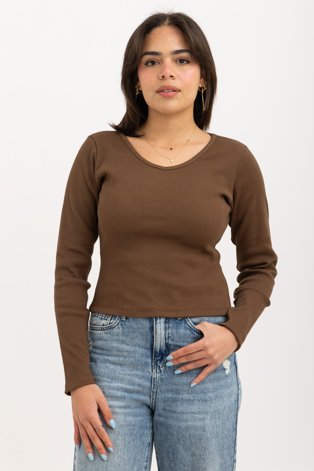 Ribbed Long Sleeve V-Neck Top Brown