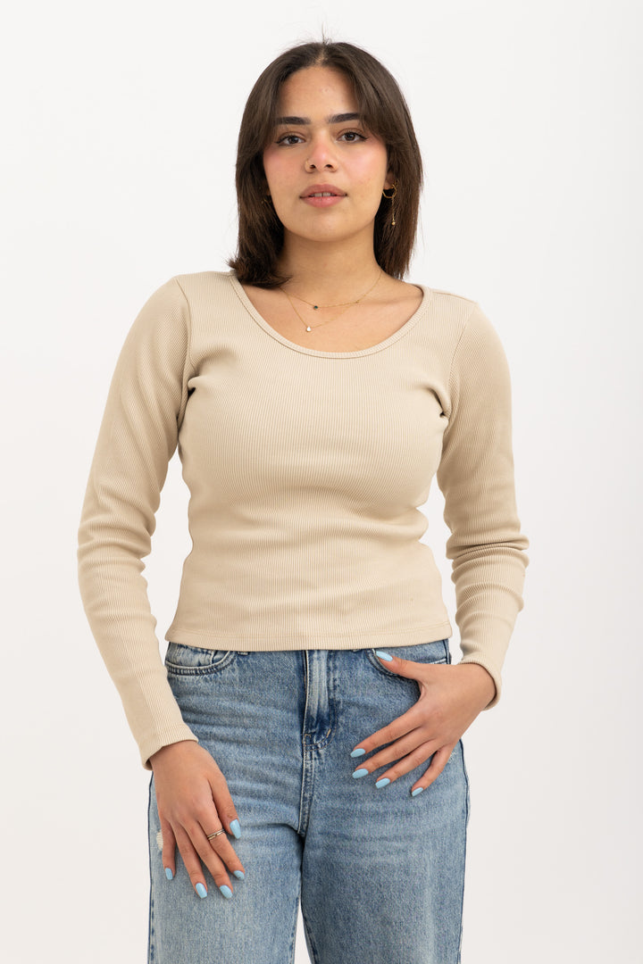 Ribbed Wide Neck Long Sleeve Top Beige