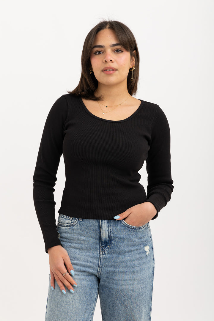 Ribbed Wide Neck Long Sleeve Top Black
