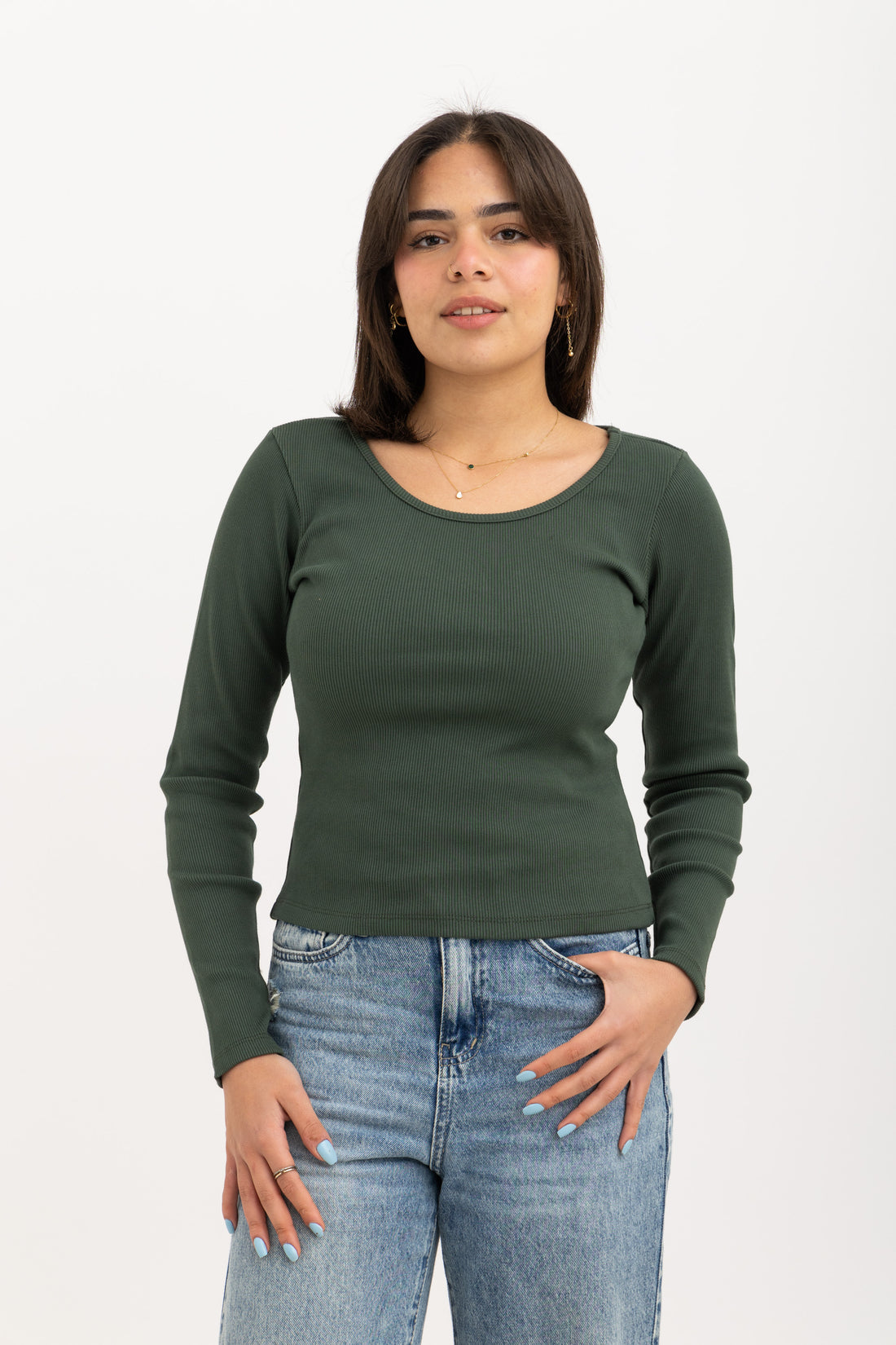 Ribbed Wide Neck Long Sleeve Top Olive