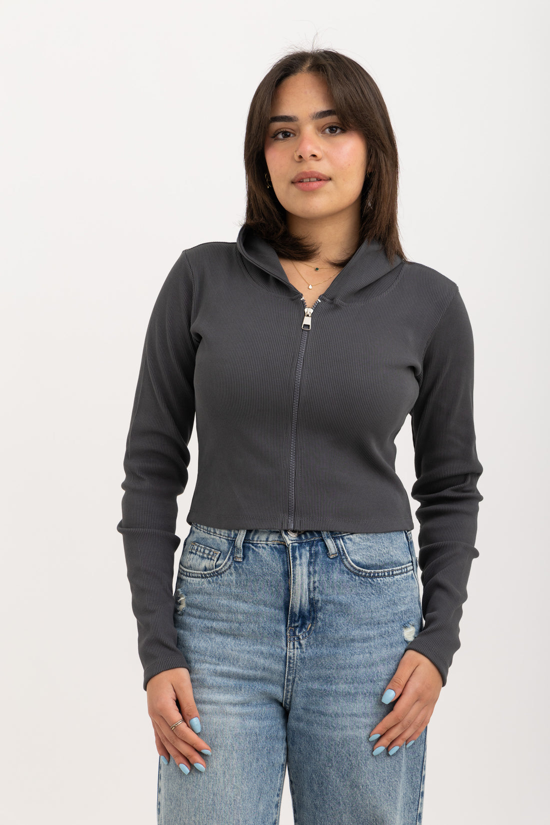 Ribbed Zip-Up Long Sleeve Top Dark Grey