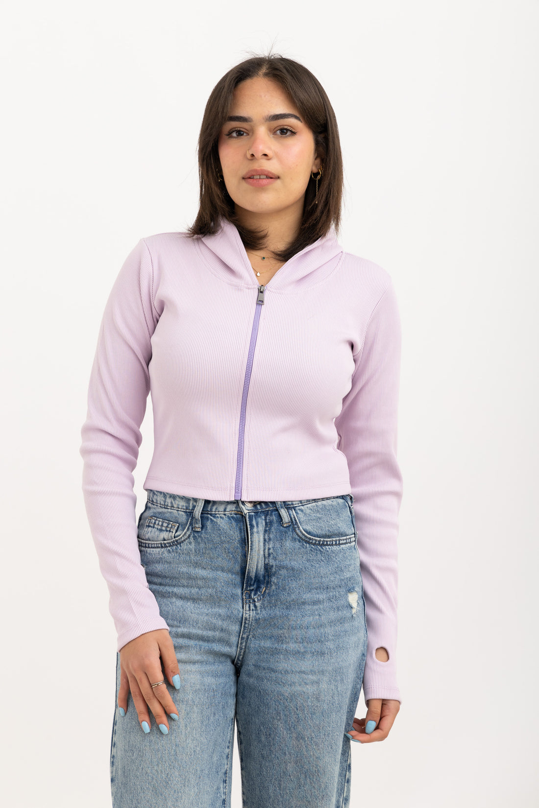 Ribbed Zip-Up Long Sleeve Top Lavender