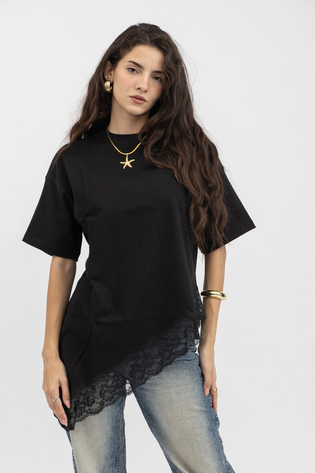 Peppers Lace Asymmetry Tee Black