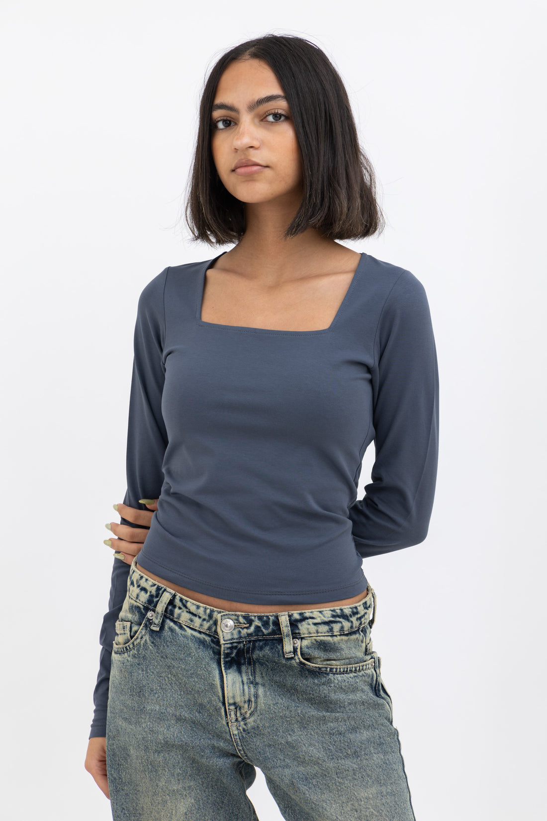 Dark Grey Square Neck Baby Tee Long Sleeve
