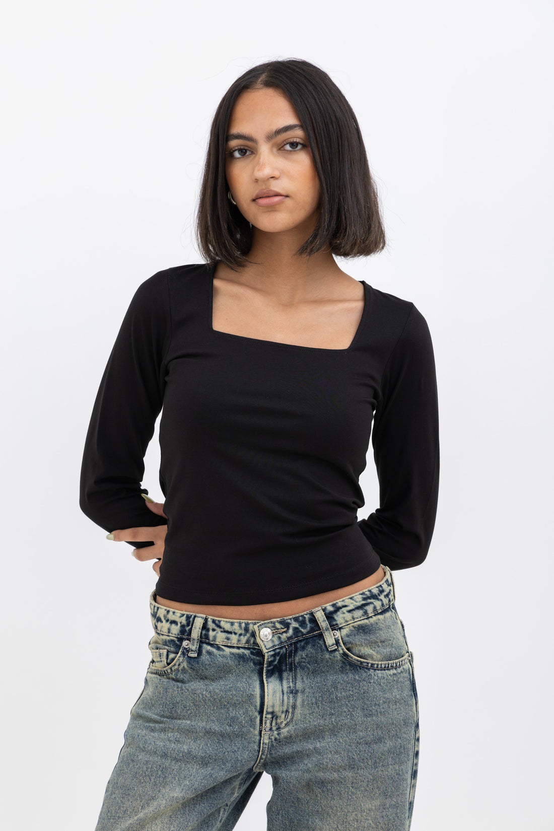 Black Square Neck Baby Tee Long Sleeve