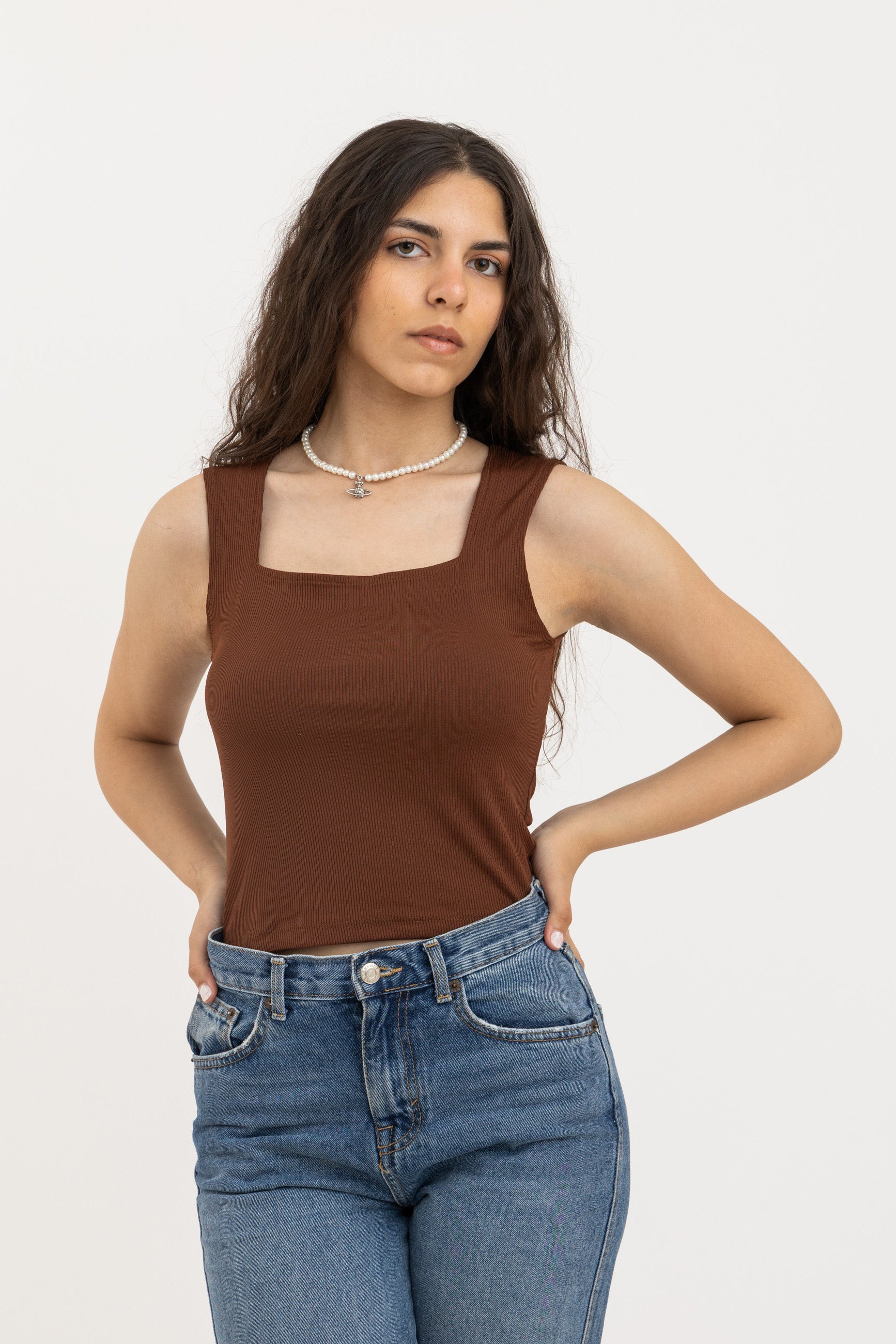 Brown Square Neck Ribbed Top