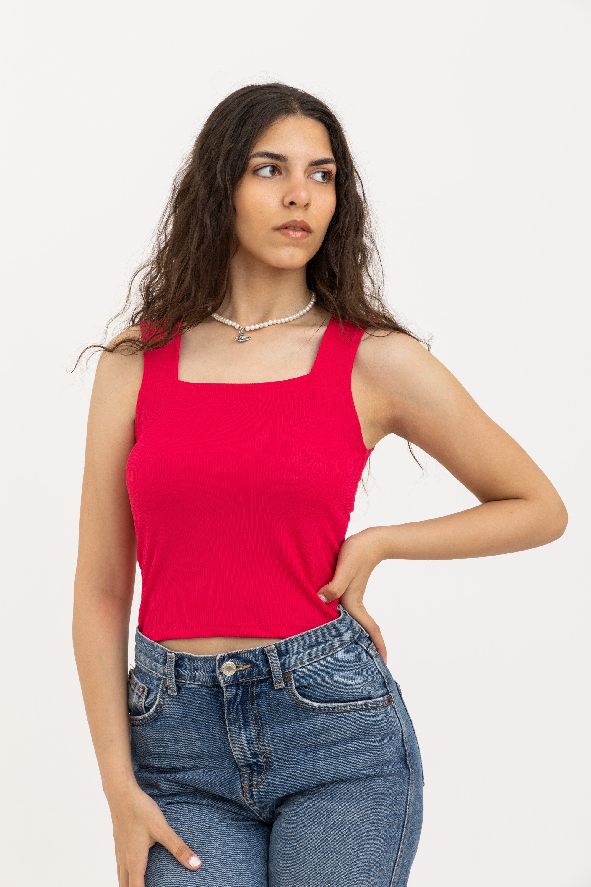 Hot Pink Square Neck Ribbed Top