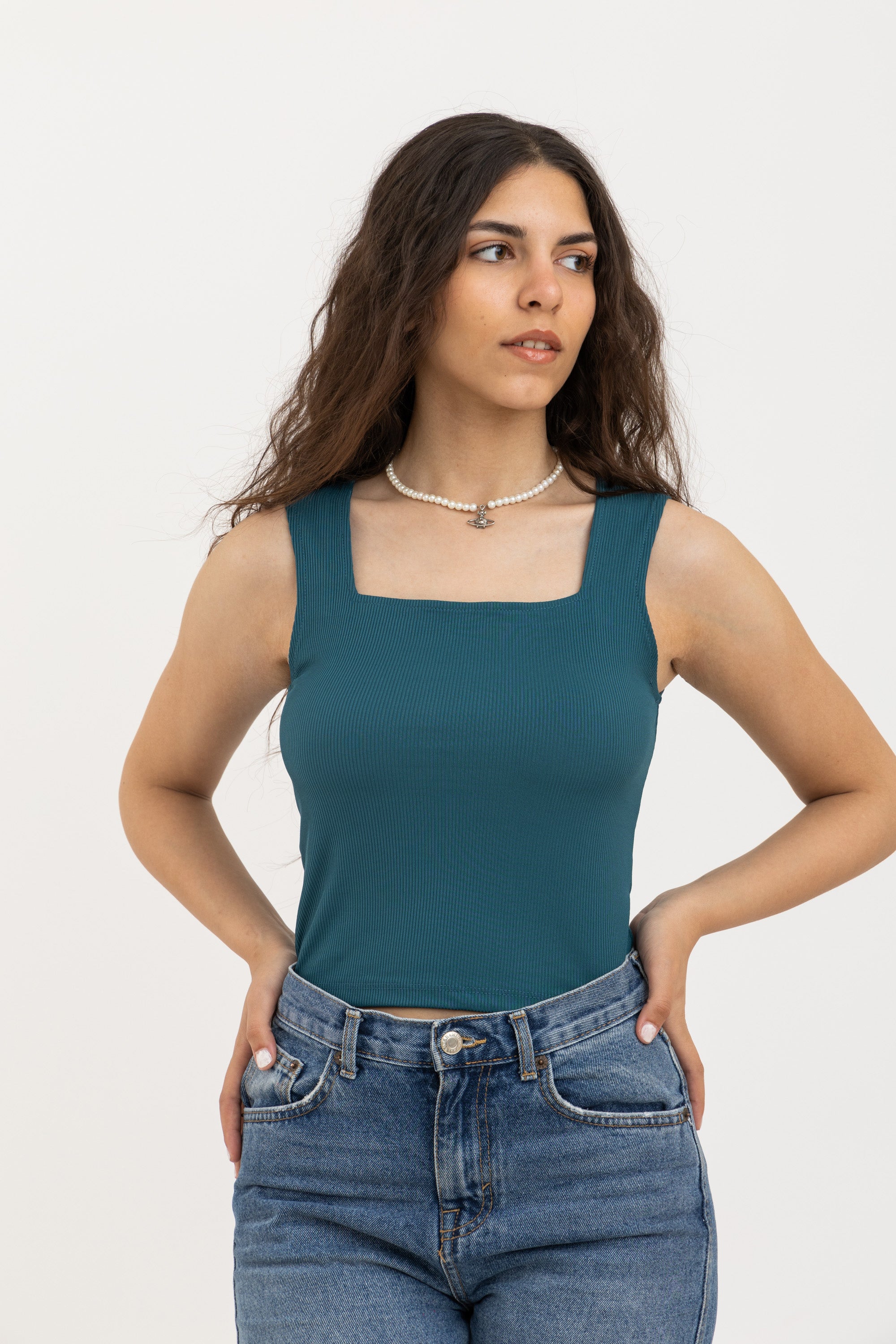 Teal Square Neck Ribbed Top