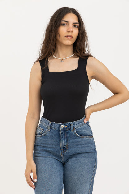 Black Square Neck Ribbed Top