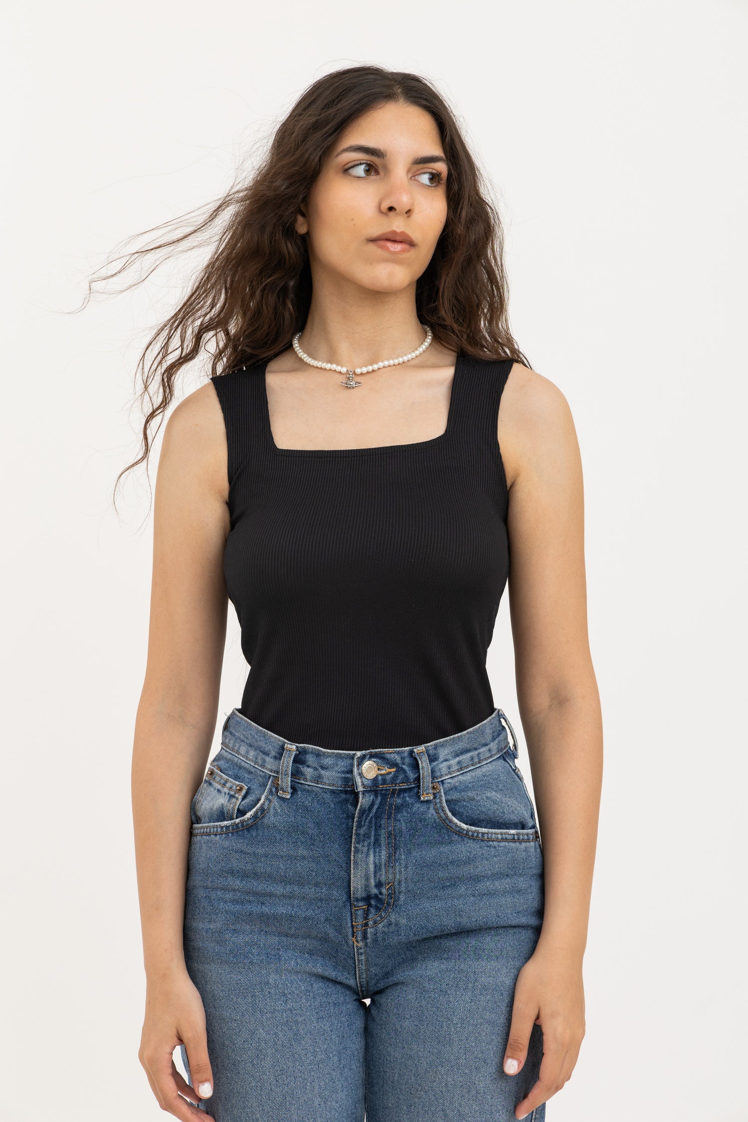 Black Square Neck Ribbed Top