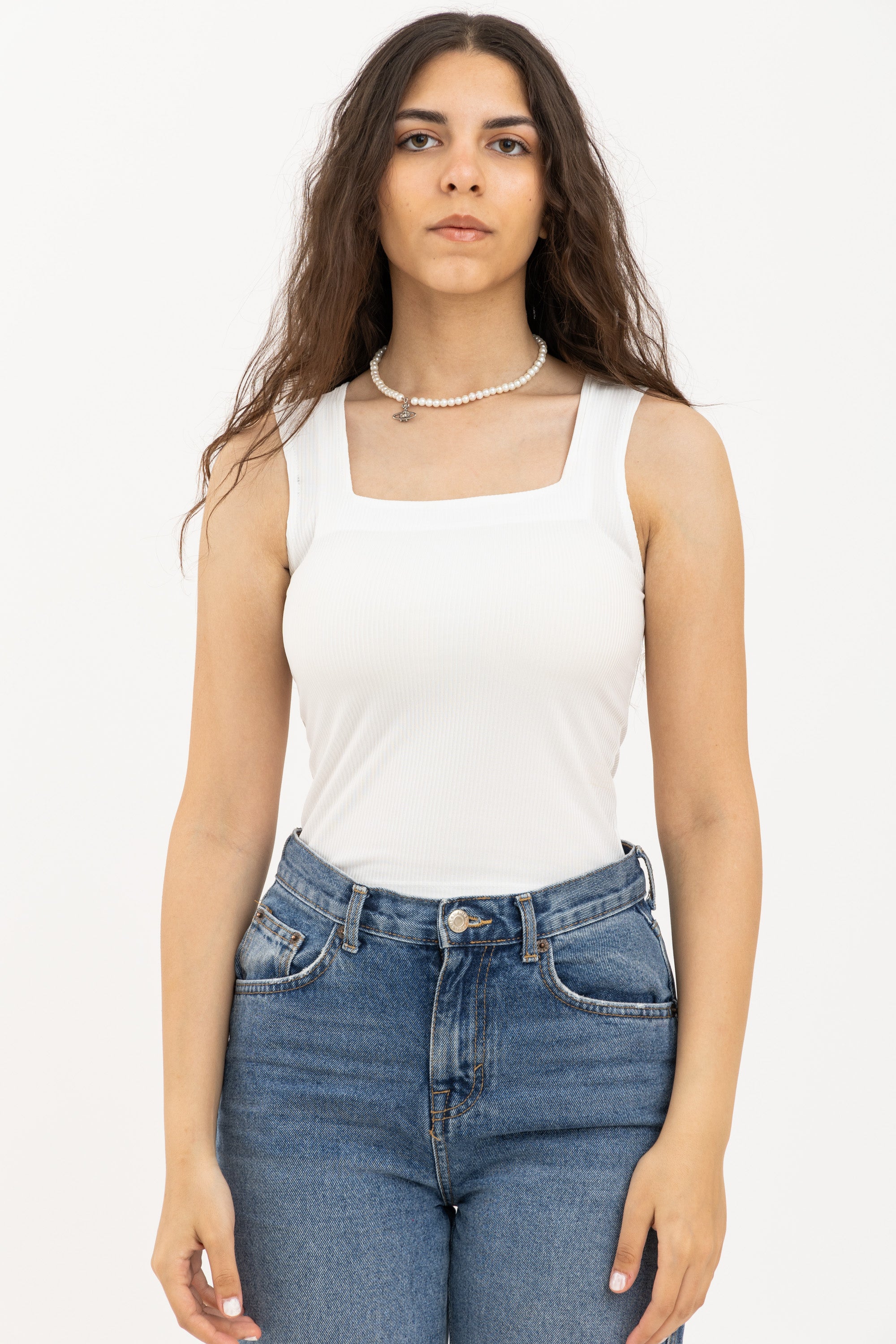 White Square Neck Ribbed Top