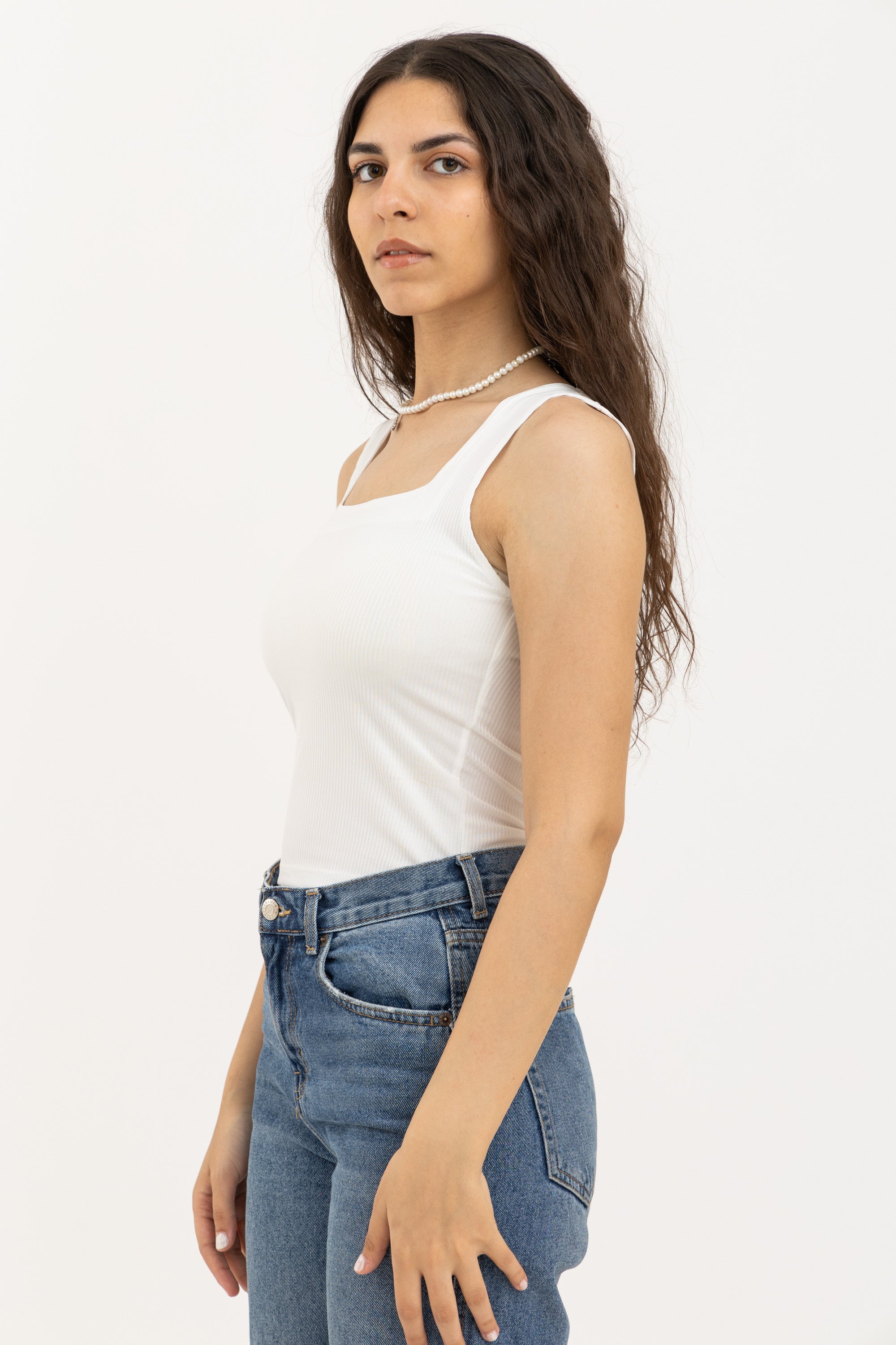 White Square Neck Ribbed Top