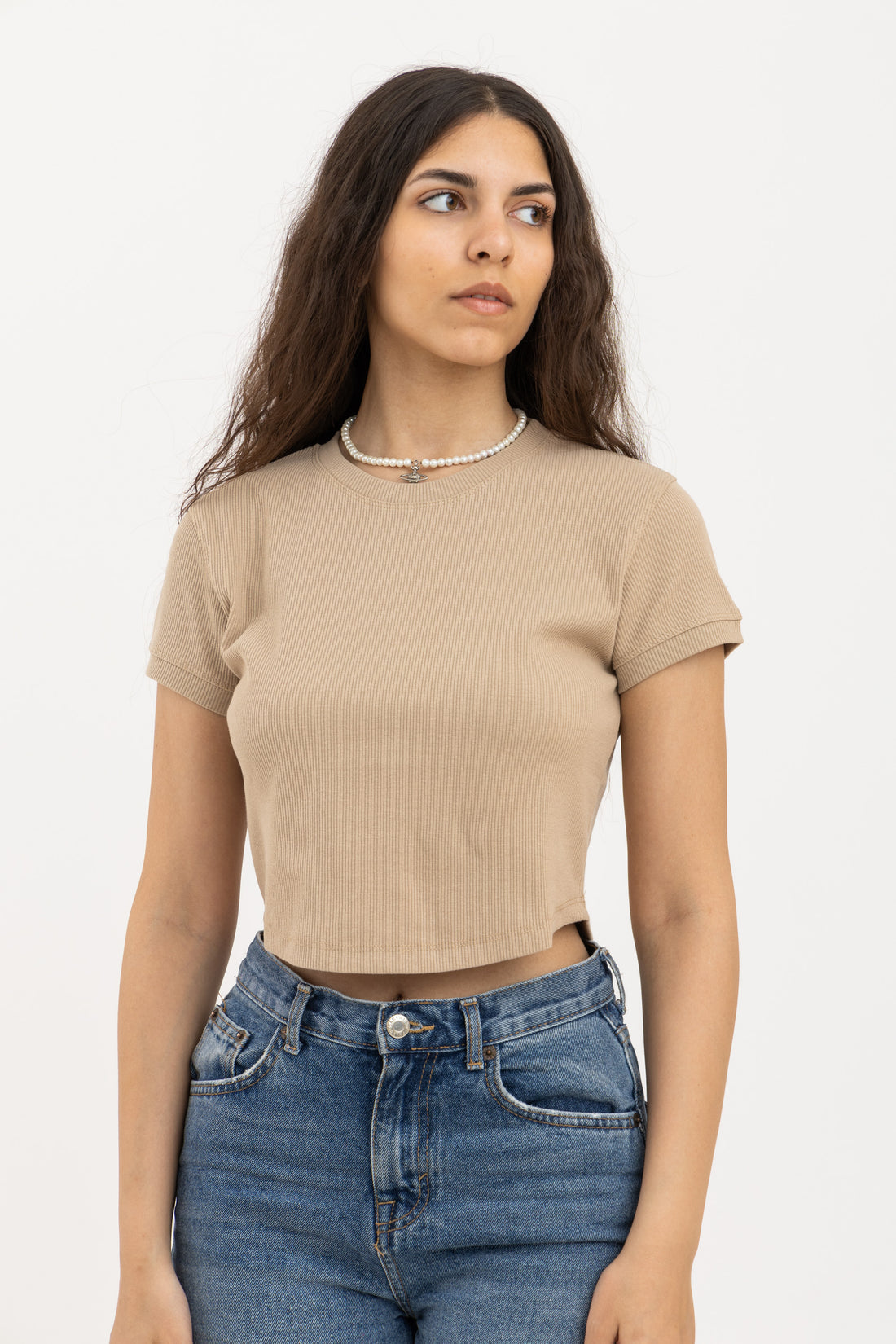 Beige Ribbed Crop Top