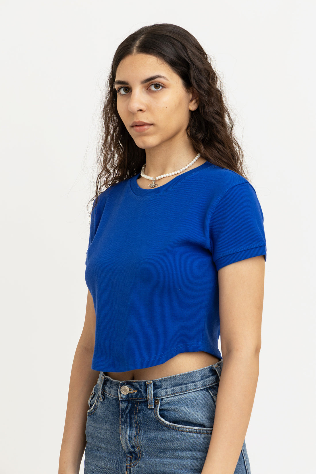 Blue Ribbed Crop Top